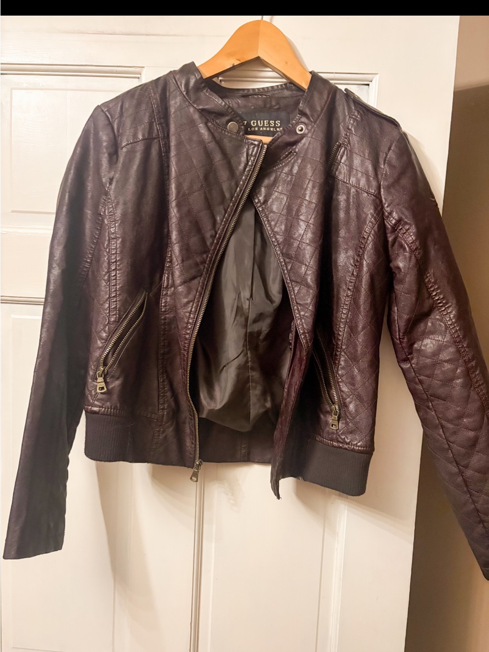 Guess Women's Quilted Faux-Leather Jacket in Dark Burgundy